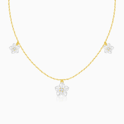 18K Gold Necklace Mixed Mother of Pearl Flower Sizes and Zircon Stones