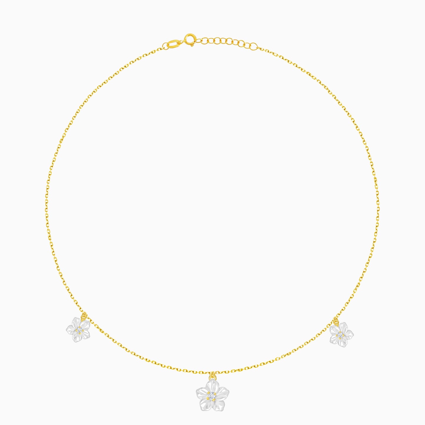 18K Gold Necklace Mixed Mother of Pearl Flower Sizes and Zircon Stones