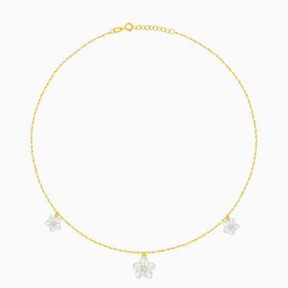 18K Gold Necklace Mixed Mother of Pearl Flower Sizes and Zircon Stones