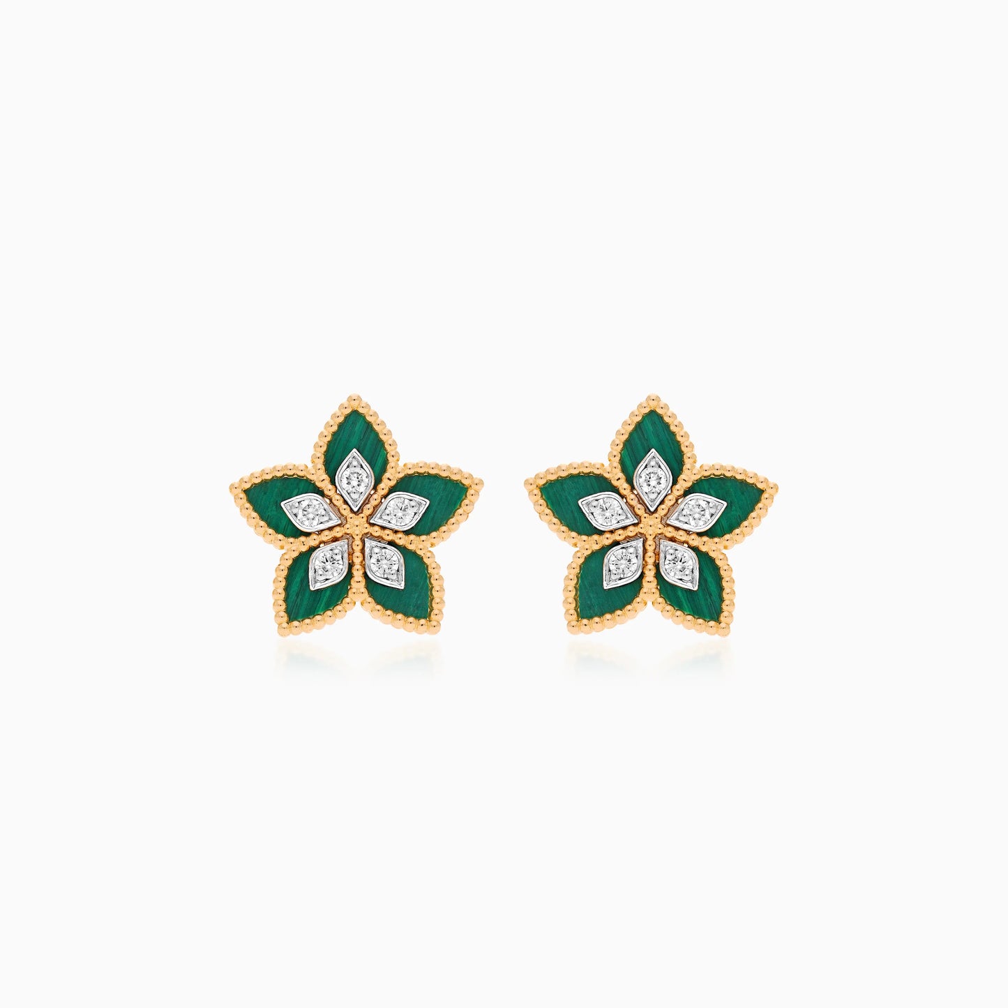 18K Yellow Gold Malachite Flower Earrings  decorated with natural diamond stones - Fortuna Diamond Collection