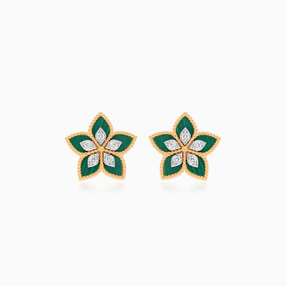 18K Yellow Gold Malachite Flower Earrings  decorated with natural diamond stones - Fortuna Diamond Collection