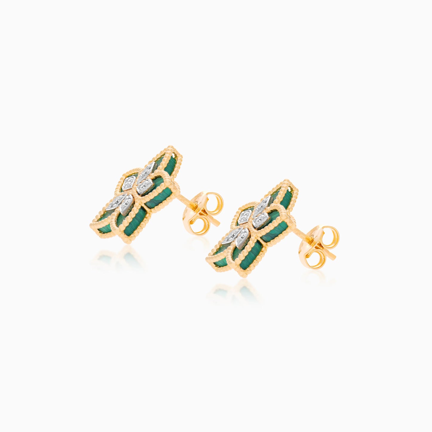 18K Yellow Gold Malachite Flower Earrings  decorated with natural diamond stones - Fortuna Diamond Collection