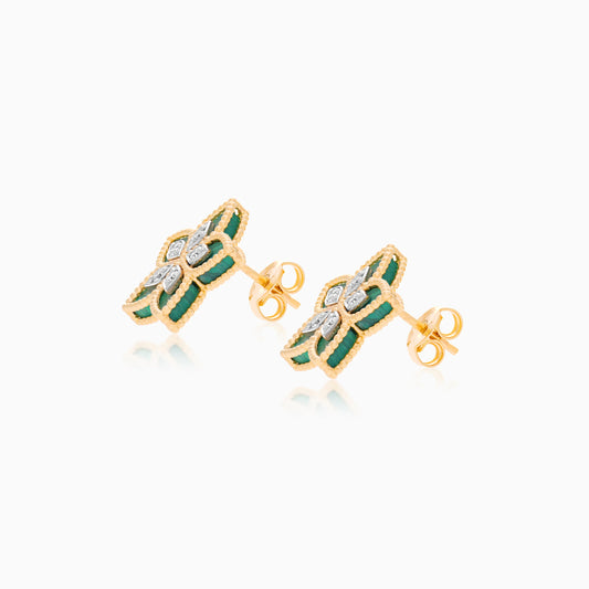 18K Yellow Gold Malachite Flower Earrings  decorated with natural diamond stones - Fortuna Diamond Collection