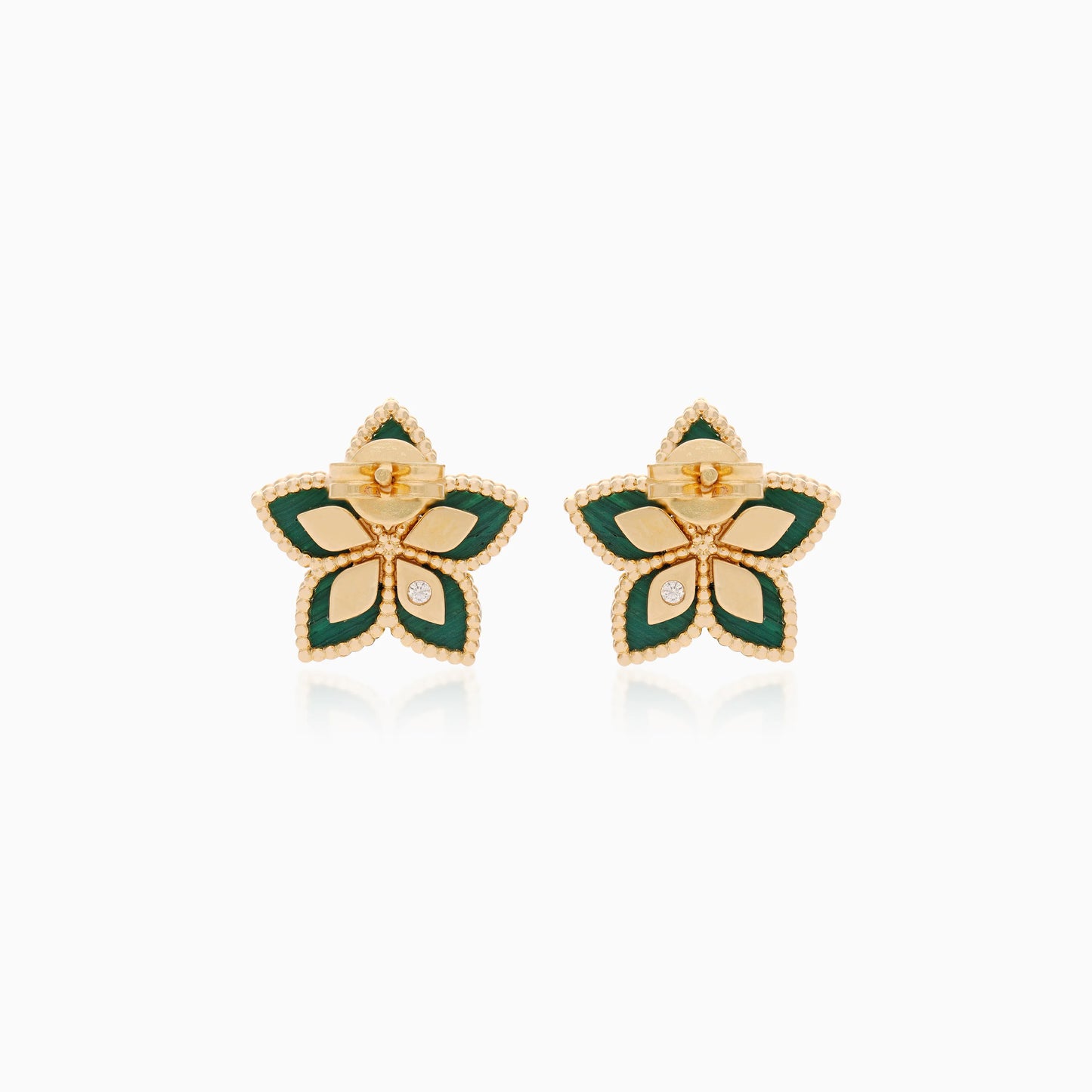 18K Yellow Gold Malachite Flower Earrings  decorated with natural diamond stones - Fortuna Diamond Collection