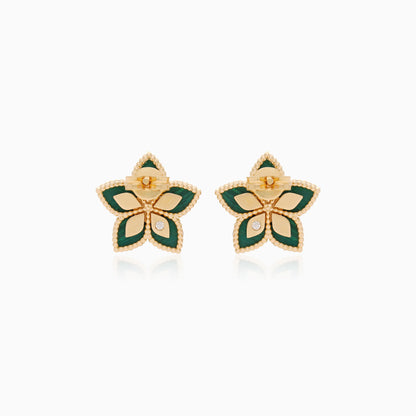 18K Yellow Gold Malachite Flower Earrings  decorated with natural diamond stones - Fortuna Diamond Collection