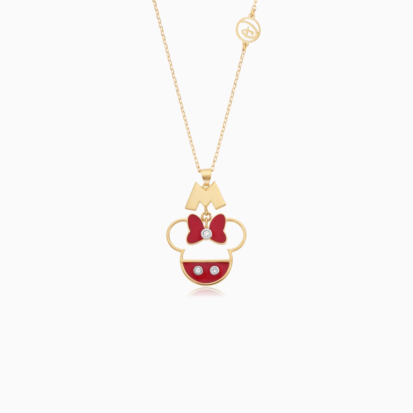 18k Yellow Gold Mini Mouse & 'M' Logo Necklace for Kids with Natural Diamonds & Red Enamels | Disney Collection