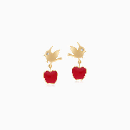 Disney Princess- Snow White-Apple & Bird Earrings in 18k Yellow Gold- with  Natural Diamond & Red Enamel
