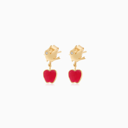 Disney Princess- Snow White-Apple & Bird Earrings in 18k Yellow Gold- with  Natural Diamond & Red Enamel
