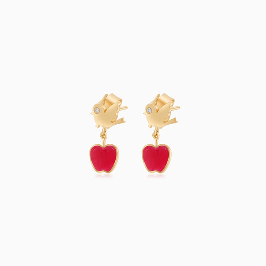 Disney Princess- Snow White-Apple & Bird Earrings in 18k Yellow Gold- with  Natural Diamond & Red Enamel