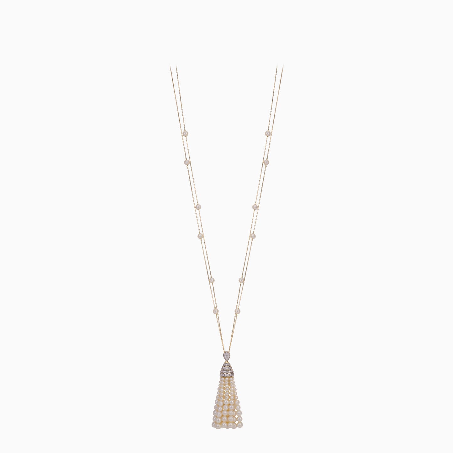 18K YELLOW GOLD LONG NECKLACE DECORATED WITH PEARLS AND ZIRCON STONES