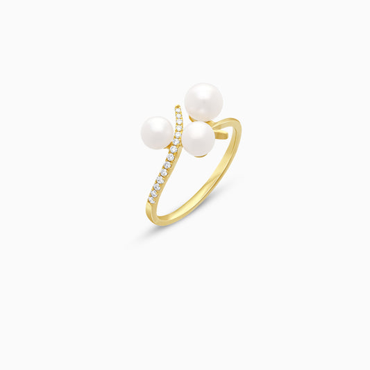 18K Yellow Gold Triple Pearl and Natural Diamond S-Curve Ring - Danah Diamond Collection