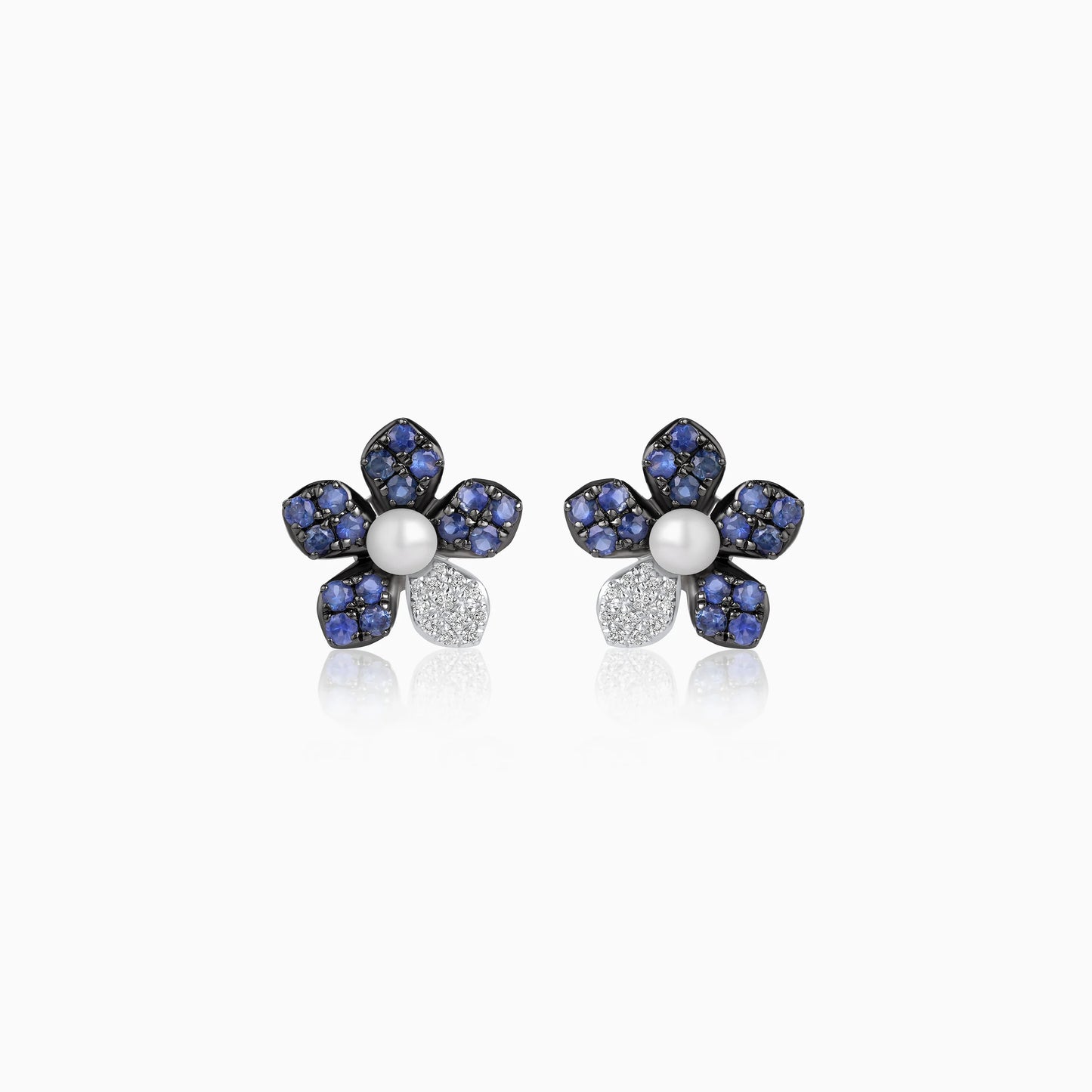 18K White Gold Flower Stud Earrings with Natural Sapphire, Diamond and Pearl - Danah Diamond Collection
