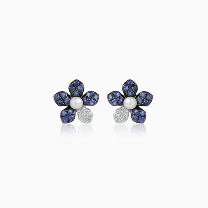 18K White Gold Flower Stud Earrings with Natural Sapphire, Diamond and Pearl - Danah Diamond Collection