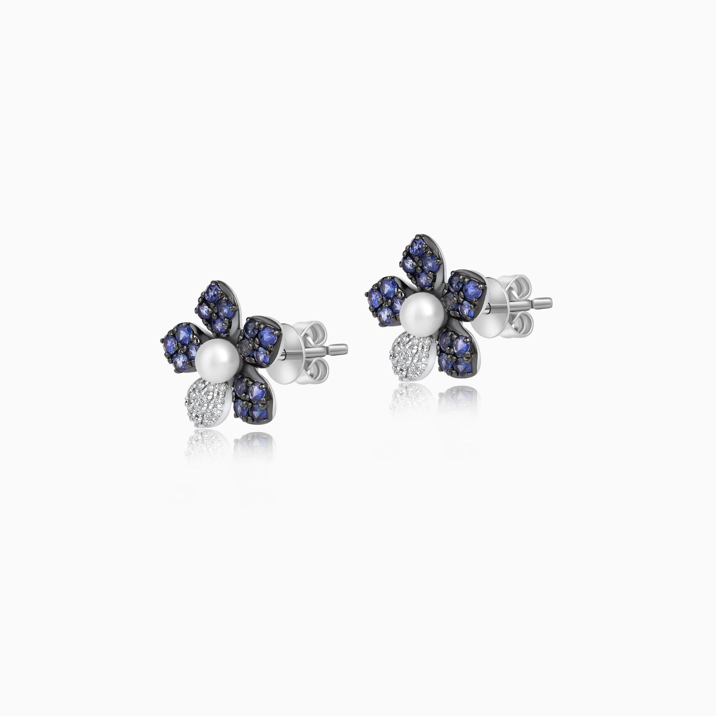 18K White Gold Flower Stud Earrings with Natural Sapphire, Diamond and Pearl - Danah Diamond Collection