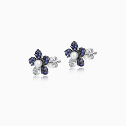 18K White Gold Flower Stud Earrings with Natural Sapphire, Diamond and Pearl - Danah Diamond Collection