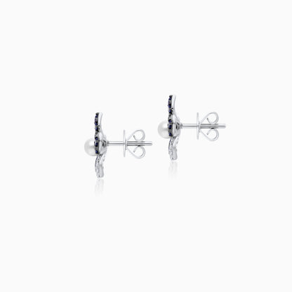 18K White Gold Flower Stud Earrings with Natural Sapphire, Diamond and Pearl - Danah Diamond Collection