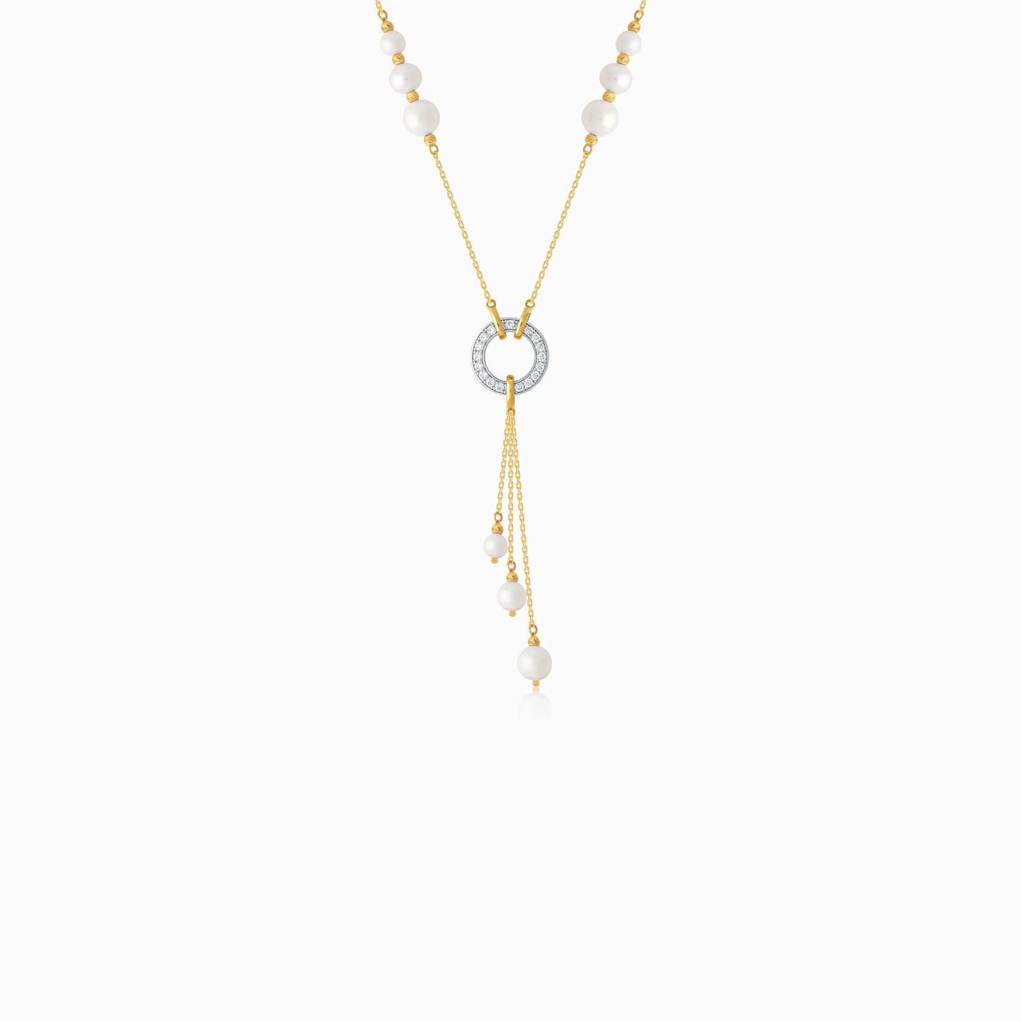 Elegant Pearls and Zircon Dangle Necklace in 18k Yellow Gold | Danah Collection