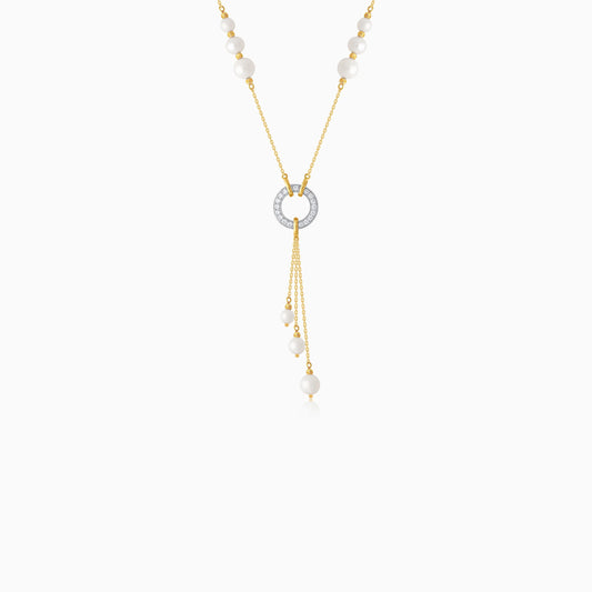 Elegant Pearls and Zircon Dangle Necklace in 18k Yellow Gold | Danah Collection
