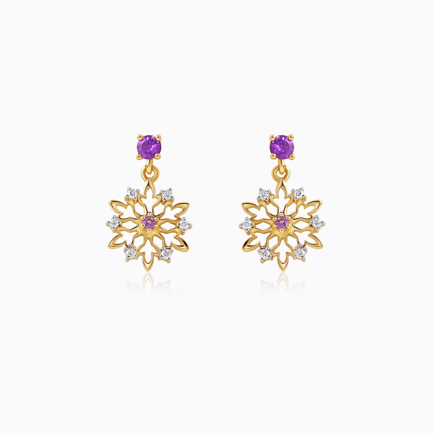 أقراط ديزني فروزن - ذهب أصفر عيار 18 قيراط - أقراط متدلية على شكل ندفة ثلج - مرصعة بالألماس الطبيعي والجمشت