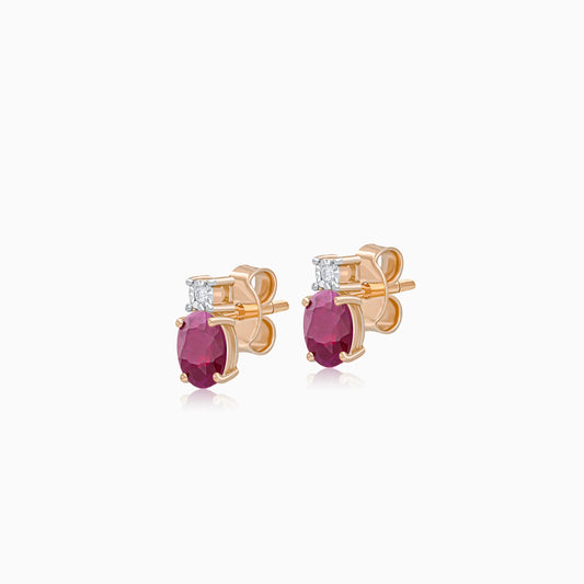 18k Rose gold pair of earrings decorated with natural diamonds and ruby stones | colour classic