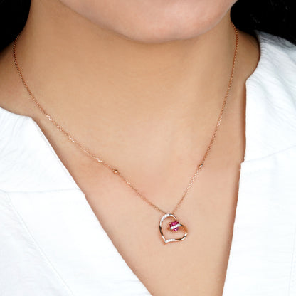 18K Rose Gold Heart-Shaped Necklace with Natural Diamonds and Pink Topaz