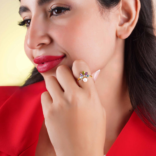 18K Yellow Gold Multicolored Gemstone Flower Ring with Natural Diamonds and Pearl - Danah Diamond Collection