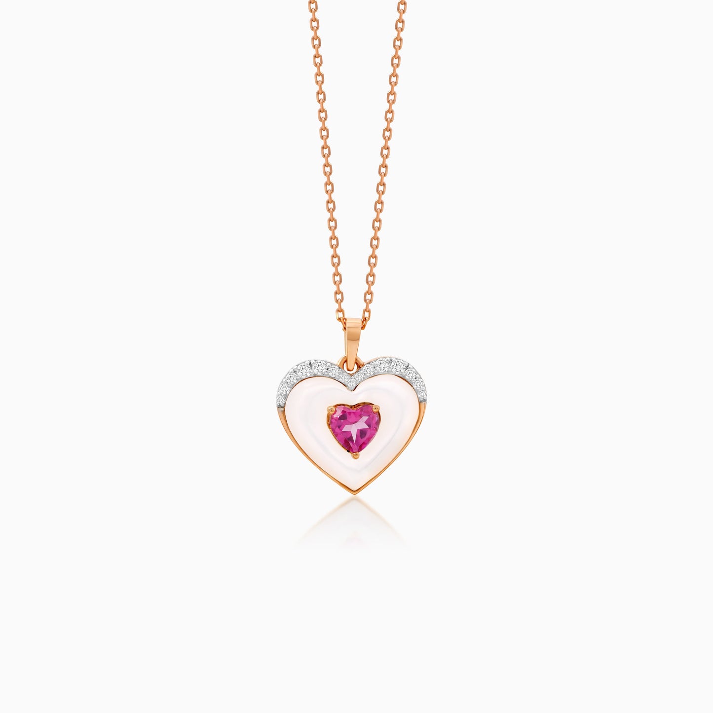 18K Rose Gold Necklace with Heart-Shaped White MOP, Natural Diamonds, and Pink Topaz Center