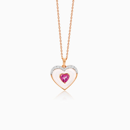 18K Rose Gold Necklace with Heart-Shaped White MOP, Natural Diamonds, and Pink Topaz Center