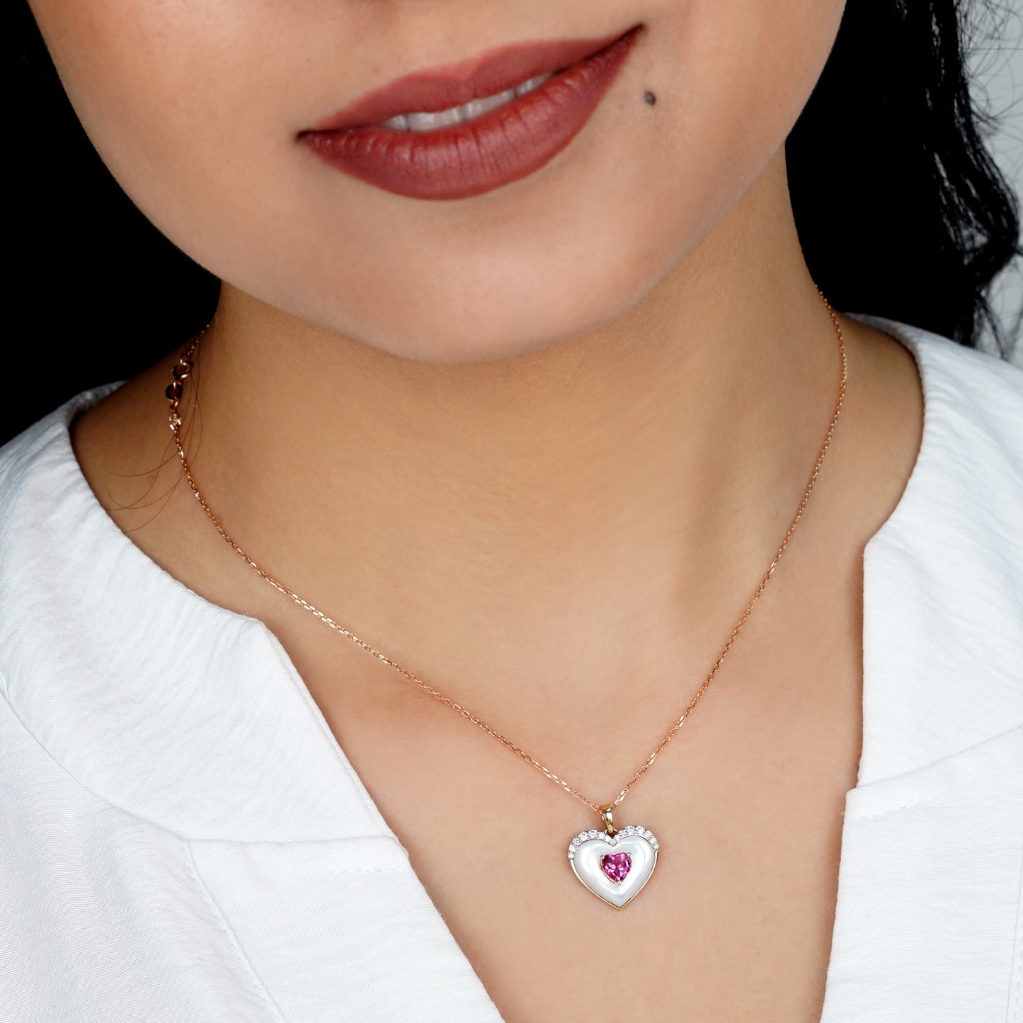 18K Rose Gold Necklace with Heart-Shaped White MOP, Natural Diamonds, and Pink Topaz Center