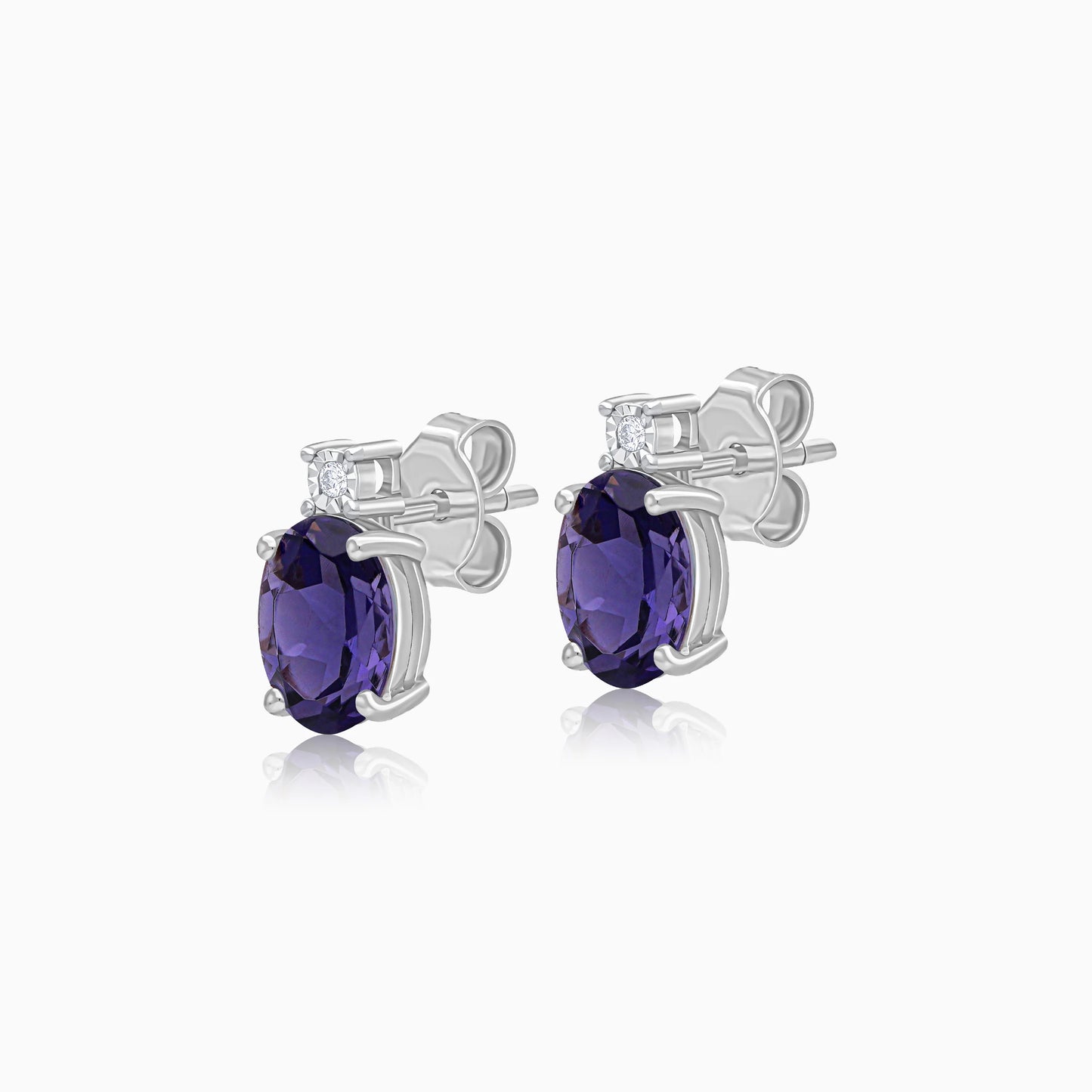 Premium Iolite and Natural Diamond Stud Earrings in 18k White Gold