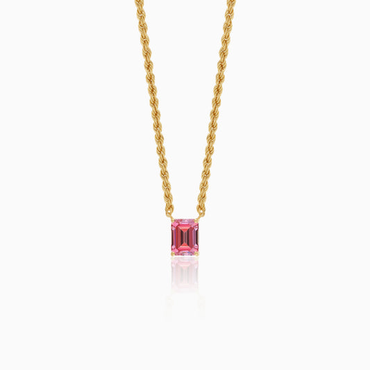 18K Yellow Gold Rope & Paperclip Chain with Pink Baguette-Cut Swarovski Zirconia | Valentine Collection