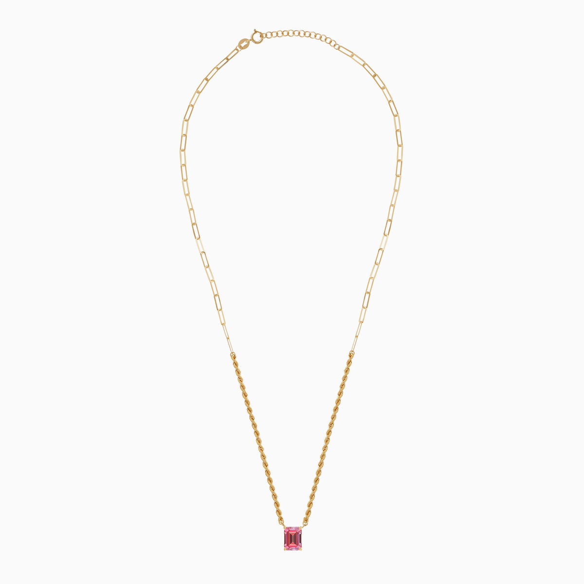 Paper Clip Rope Chain 18k yellow gold rope and paperclip chain decorated with a pink swarovs ...