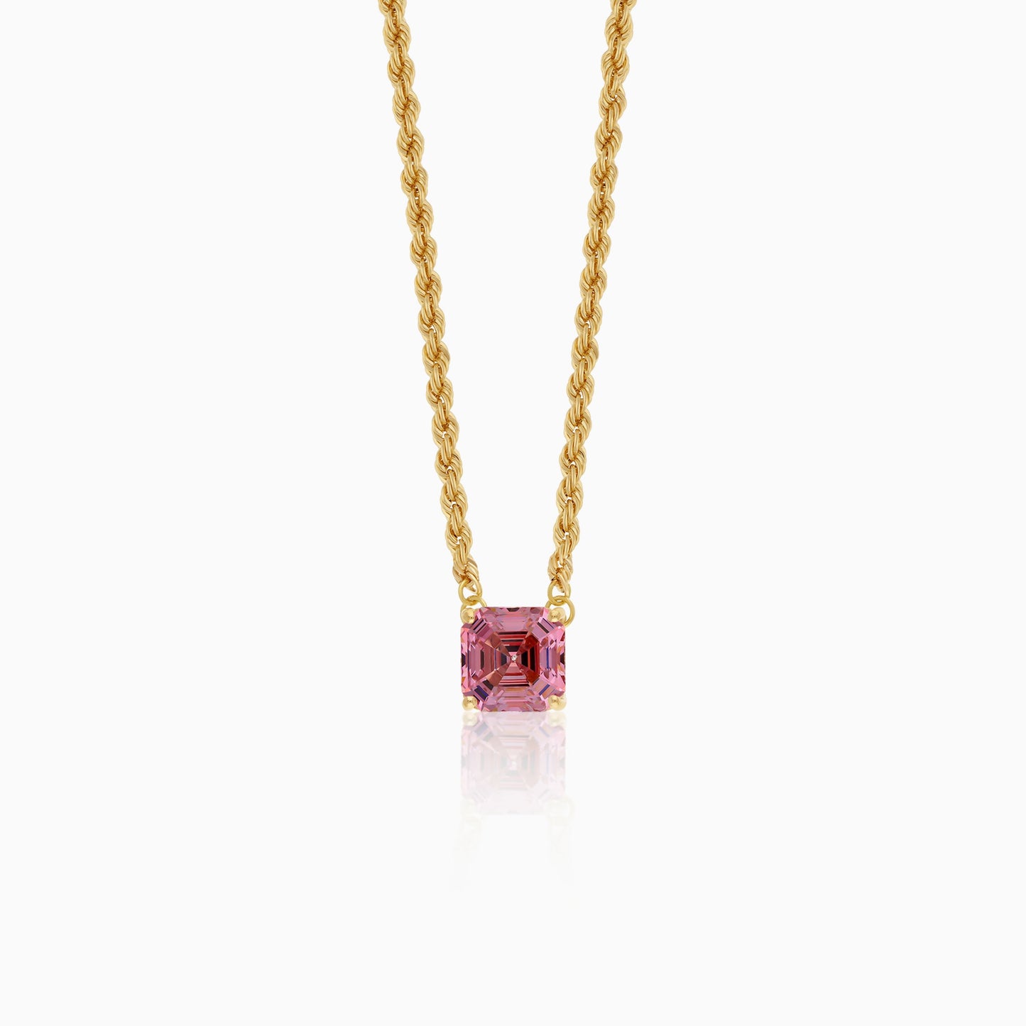 18k Yellow Gold Paperclip & Rope Necklace with Pink Asscher Swarovski Zirconia