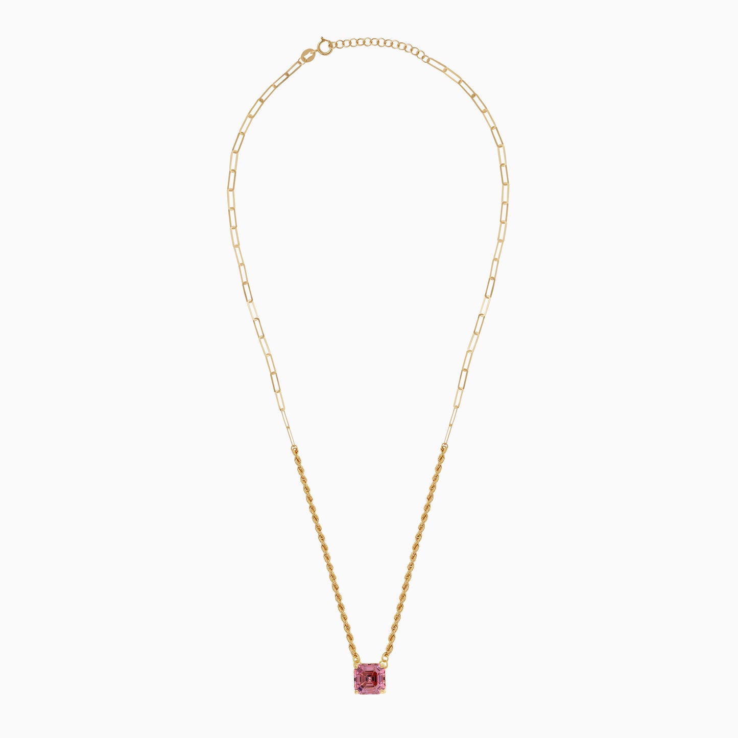 18k Yellow Gold Paperclip & Rope Necklace with Pink Asscher Swarovski Zirconia