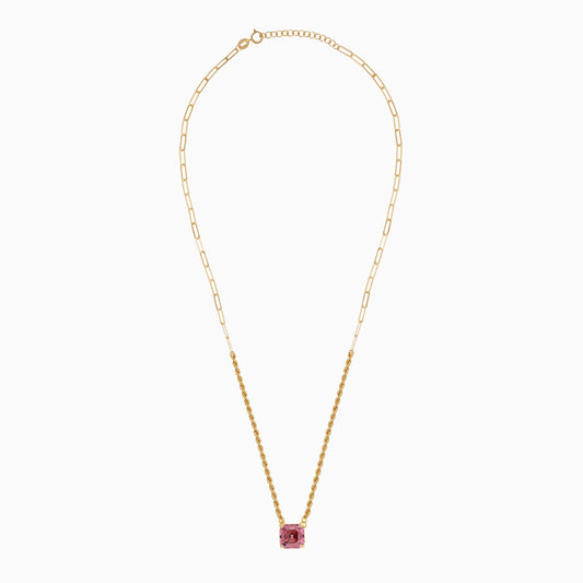 18k Yellow Gold Paperclip & Rope Necklace with Pink Asscher Swarovski Zirconia
