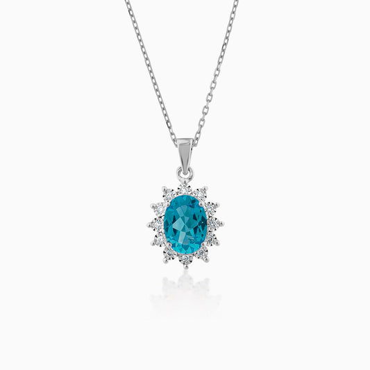 18K white gold necklace decorated with natural blue Topaz stone surrounded by natural diamond stones
