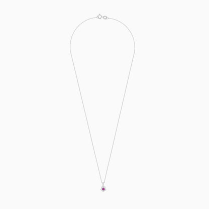 18K White Gold Necklace with a Flower-Shaped Pendant Decorated with a Ruby Stone and Surrounded by Natural Diamonds - Colori Collection