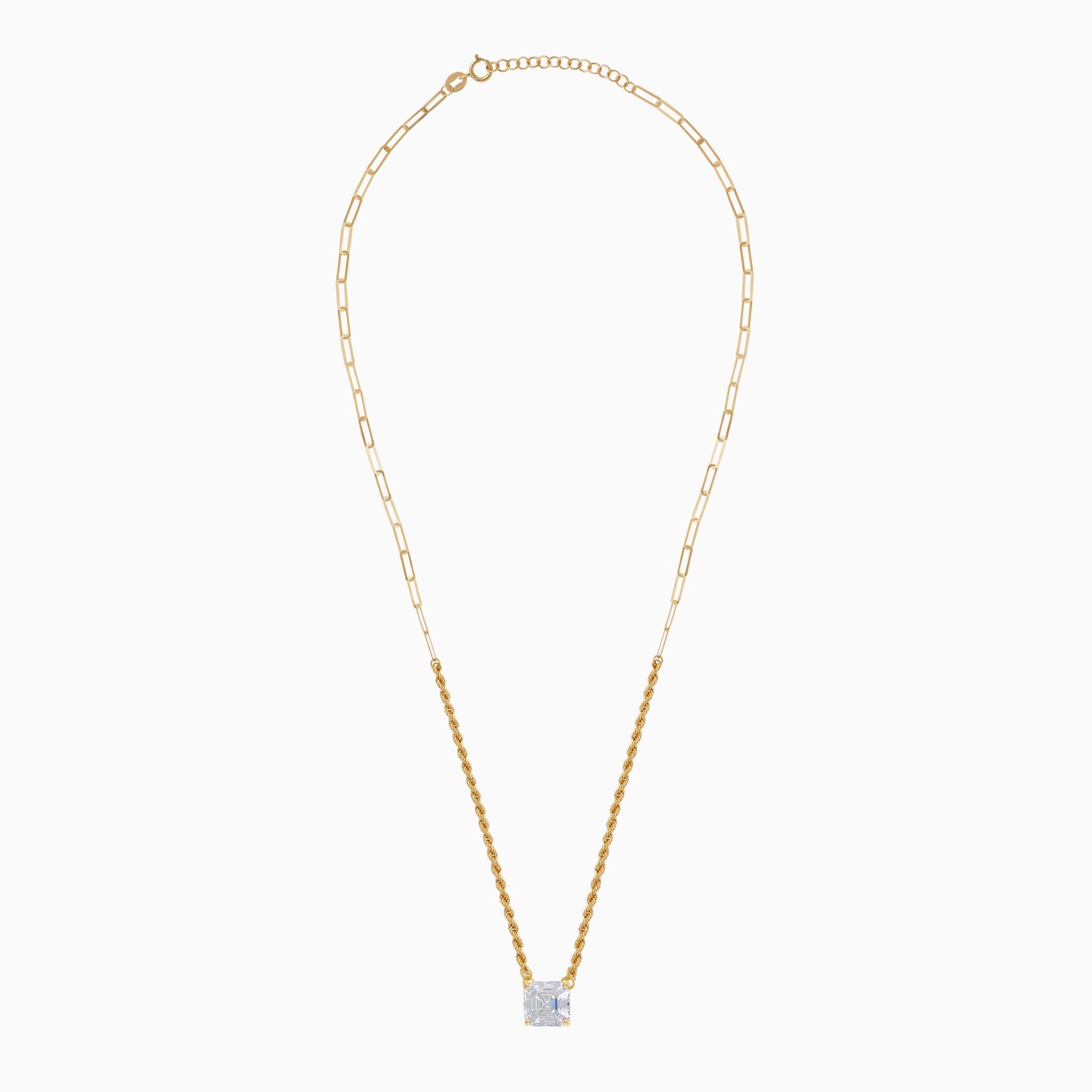 18k Yellow Gold Paperclip & Rope Necklace with Clear Asscher Swarovski Zirconia
