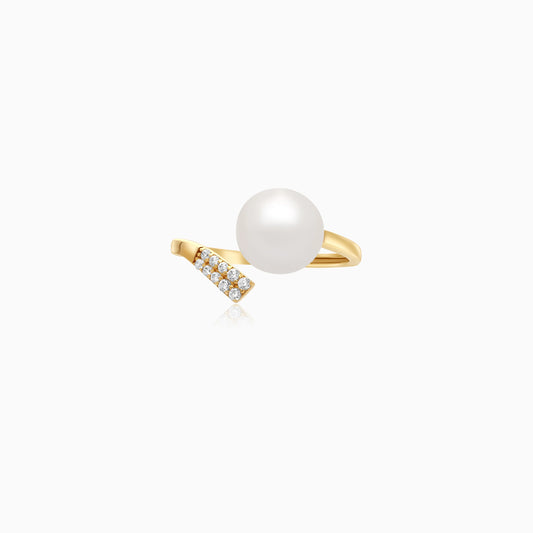Danah 18k yellow gold open ring decorated with single pearl and zircon stones