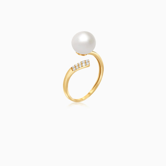 18k yellow gold open ring decorated with single pearl and zircon stones | Danah Collection