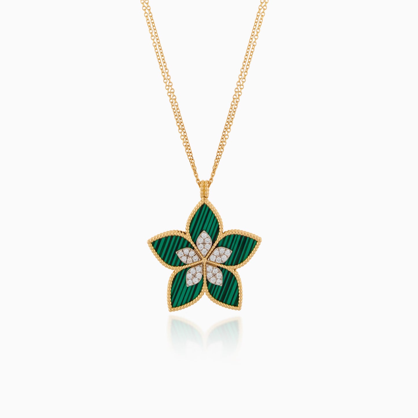 18K YELLOW GOLD NECKLACE WITH  MALACHITE PENDANT AND NATURAL DIAMOND STONES