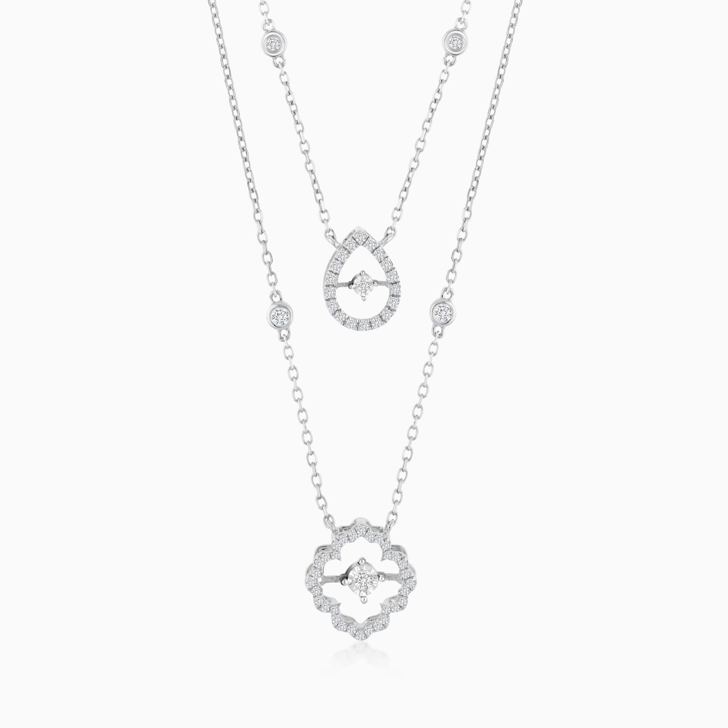 18K White gold Two layer Necklace with drop shaped and flower shaped decorated with natural dancing diamond stones.