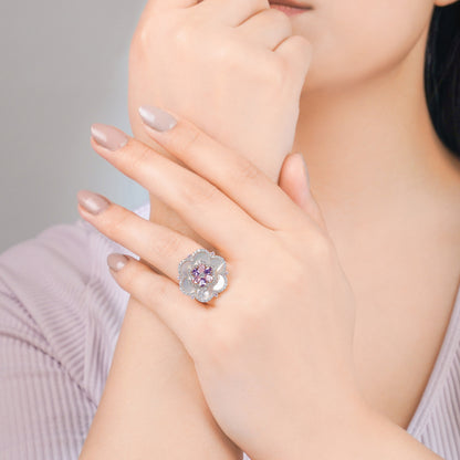 18K Yellow Gold Floral Ring with Mother of Pearl & Multi-Color Zircon – Danah