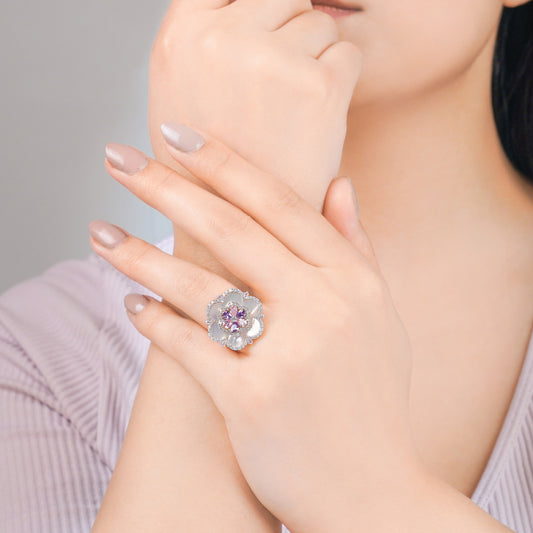 18K Yellow Gold Floral Ring with Mother of Pearl & Multi-Color Zircon – Danah