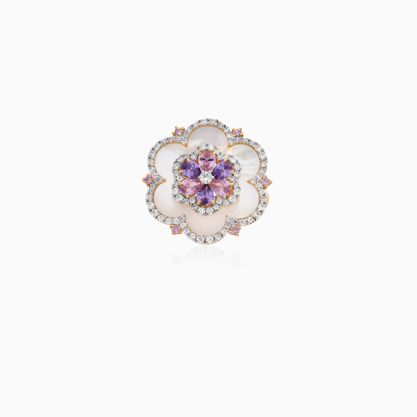 18K Yellow Gold Floral Ring with Mother of Pearl & Multi-Color Zircon – Danah