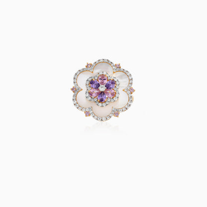 18K Yellow Gold Floral Ring with Mother of Pearl & Multi-Color Zircon – Danah
