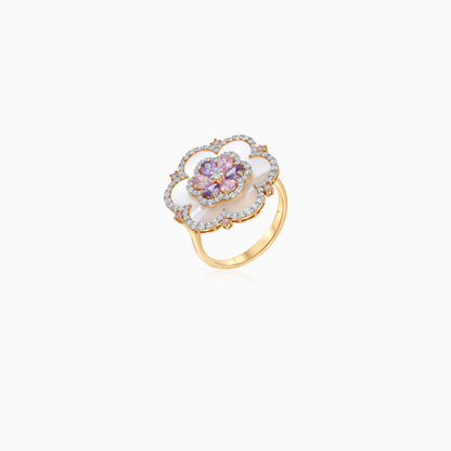 18K Yellow Gold Floral Ring with Mother of Pearl & Multi-Color Zircon – Danah