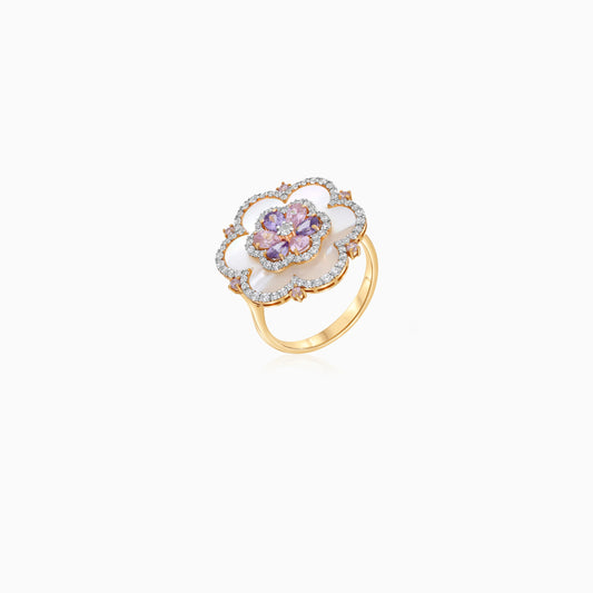 18K Yellow Gold Floral Ring with Mother of Pearl & Multi-Color Zircon – Danah