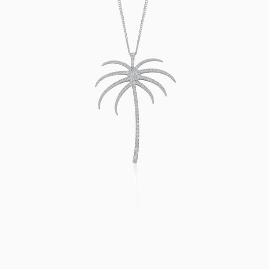 18k White gold chain with palm tree-shaped pendant “60mm” decorated with natural diamond | al nakhla collection