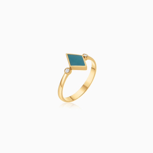 18k yellow gold ring decorated with green enamel color and natural diamonds